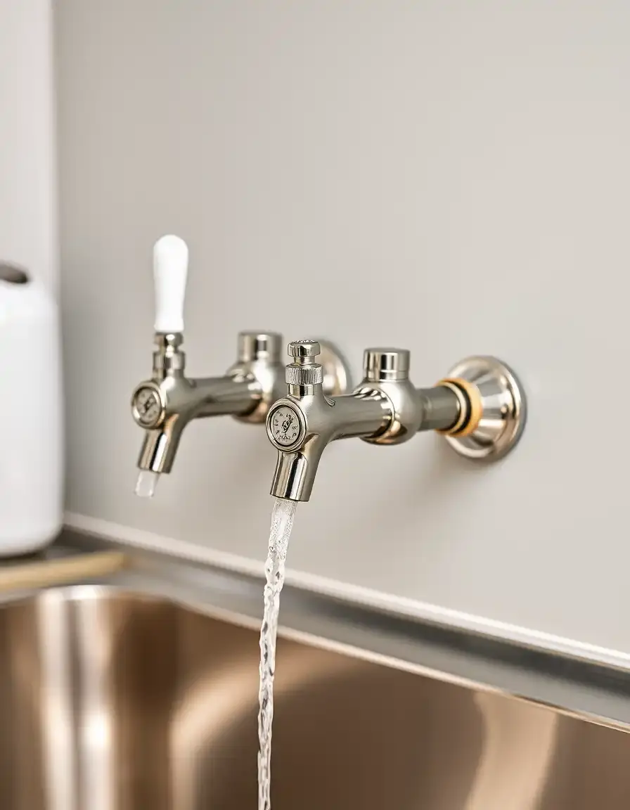Wall-mounted bib taps in a rustic utility sink area