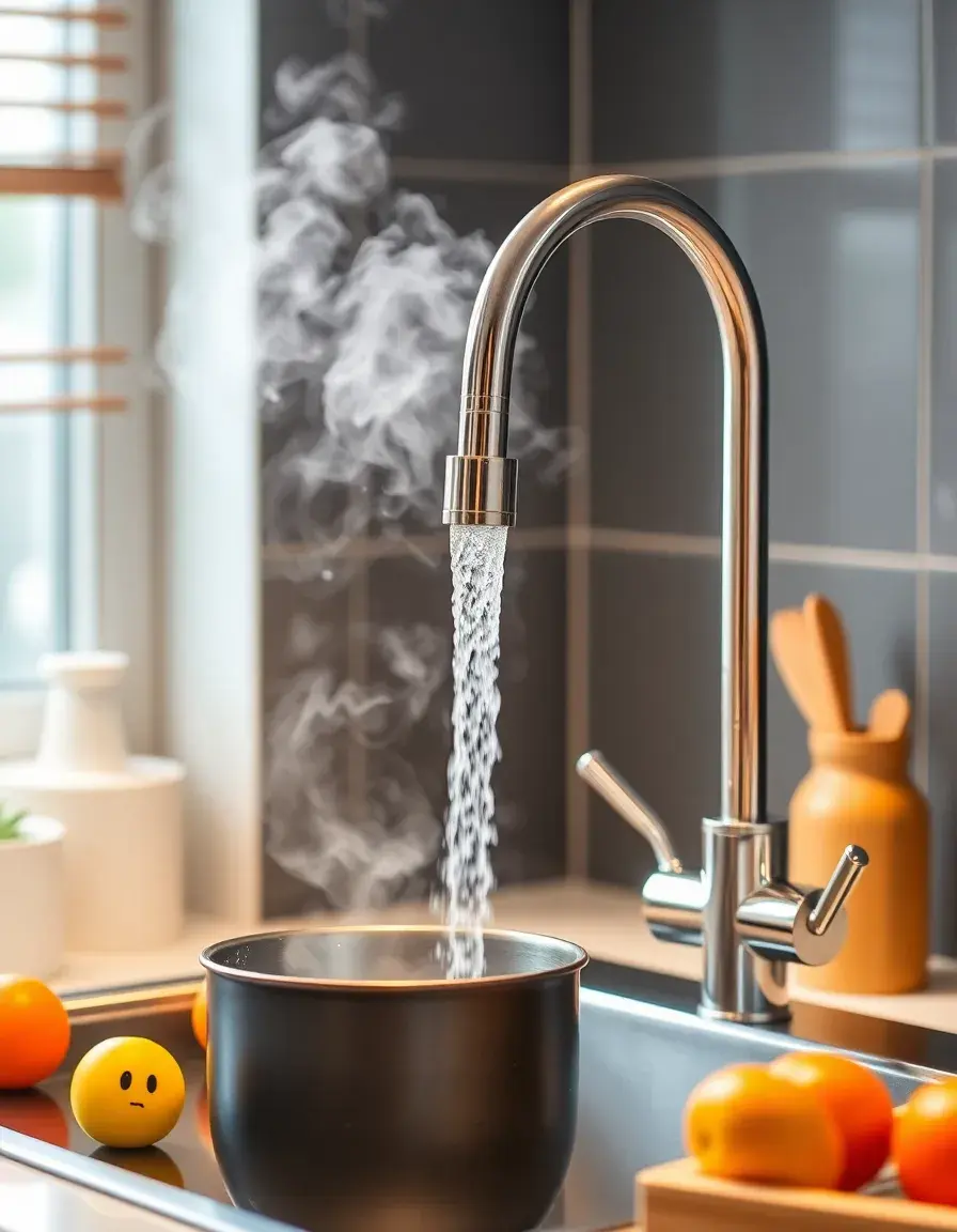 Instant boiling water tap with steam rising, making a cup of tea