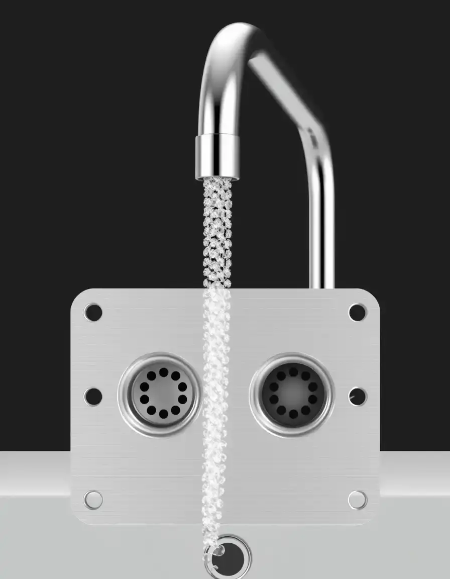 Sleek chrome deck plate adapter covering extra holes in a kitchen sink