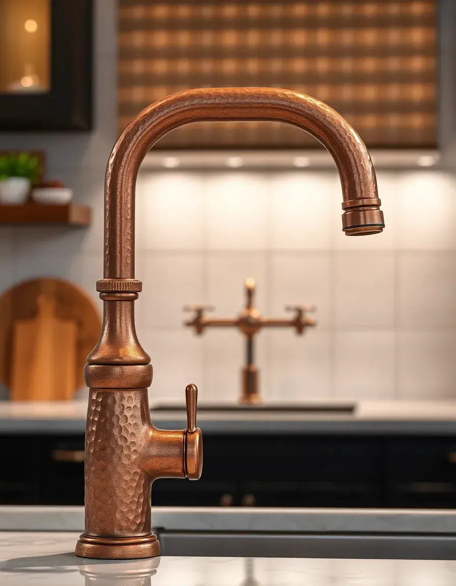 Artisan hammered copper kitchen tap with a warm, rustic glow