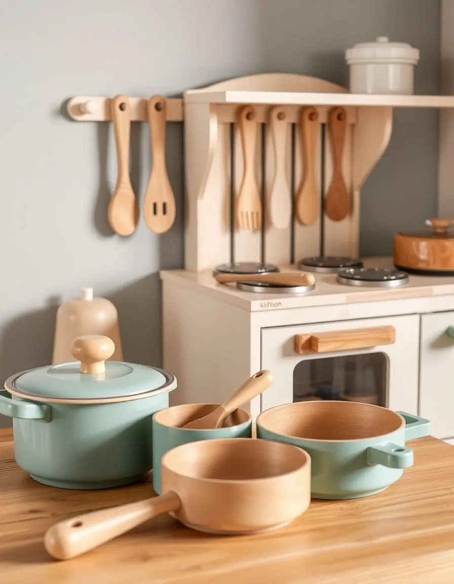 Wooden toy kitchen utensils and pots and pans