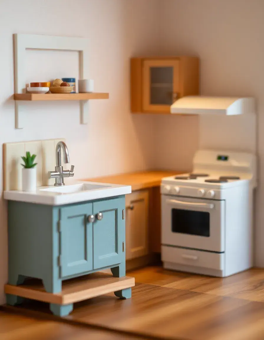 Miniature dollhouse kitchen toys with tiny sink and stove