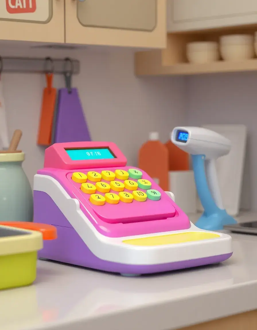 Interactive toy cash register for kitchen and grocery play