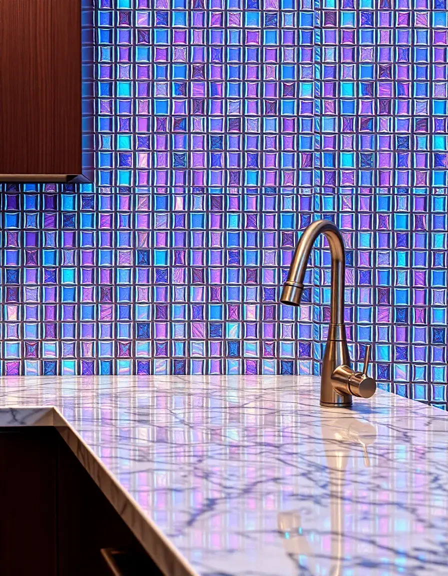 Iridescent glass mosaic kitchen wall tiles reflecting soft light