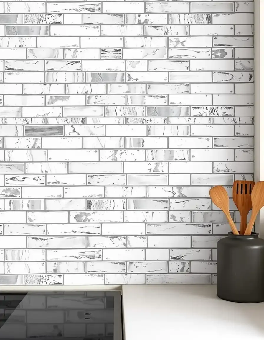 Elongated white subway brick wall tiles in an offset pattern