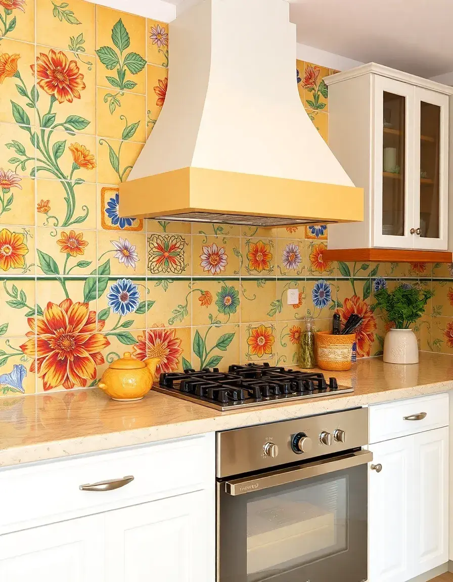 Vibrant hand-painted ceramic kitchen tiles with artistic floral patterns