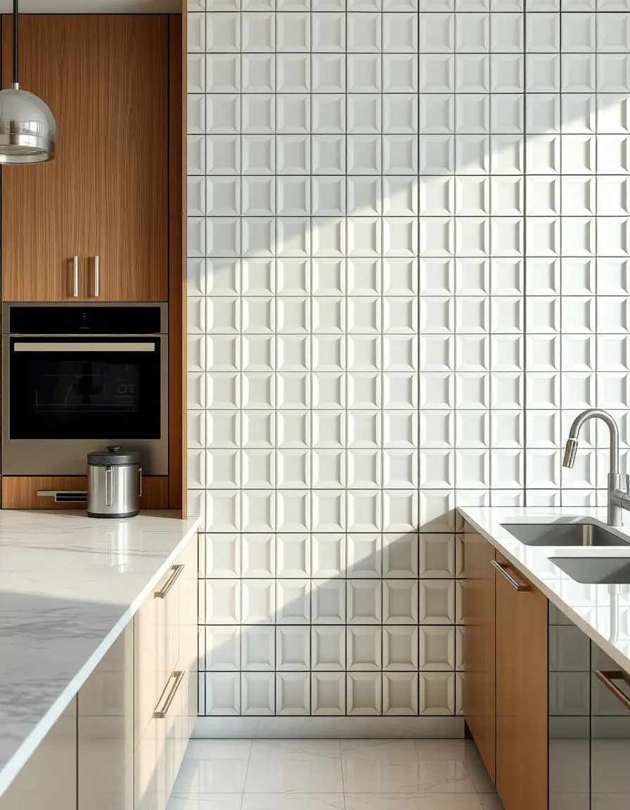 Mirrored kitchen wall tiles creating a reflective space illusion