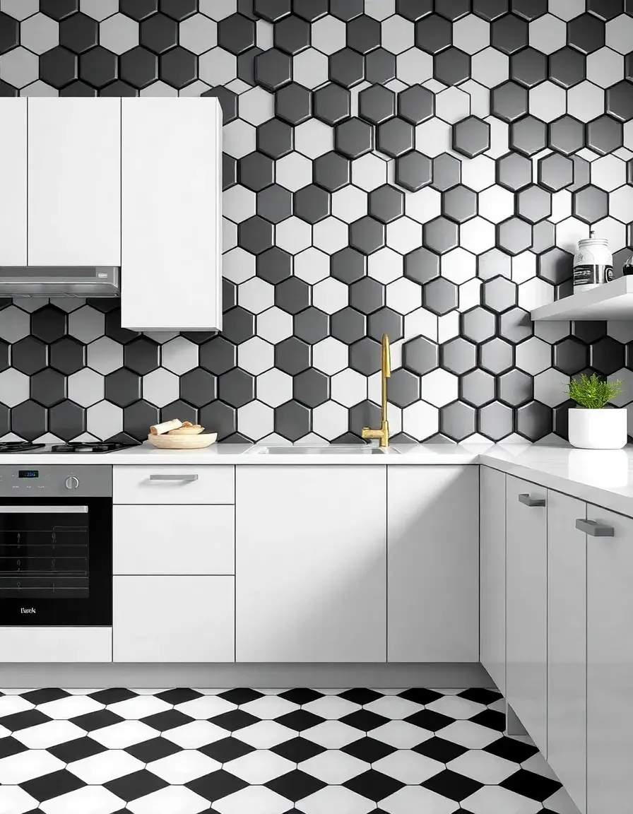 Matte black hexagonal kitchen wall tiles in a geometric pattern
