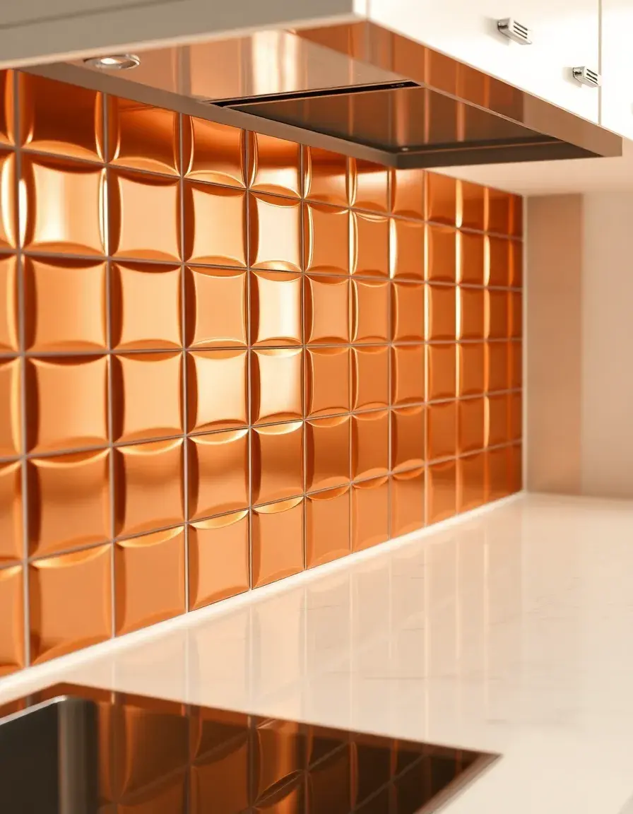 Shiny metallic copper accent wall tiles for a modern kitchen