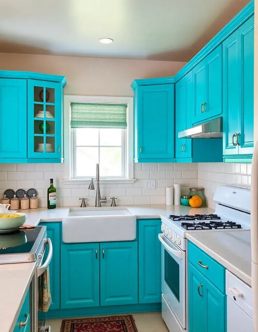 Bright turquoise blue kitchen cabinets with white appliances