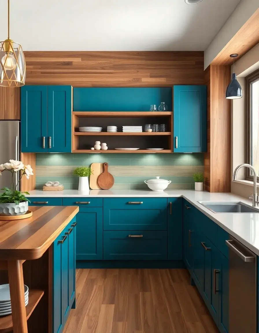 Teal blue accent kitchen cabinets mixed with wood