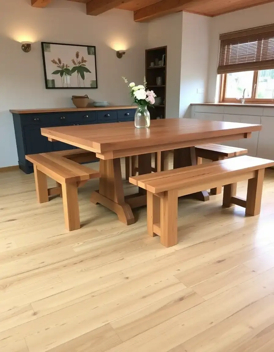 Solid Oak Wood Kitchen Table with natural finish and benches