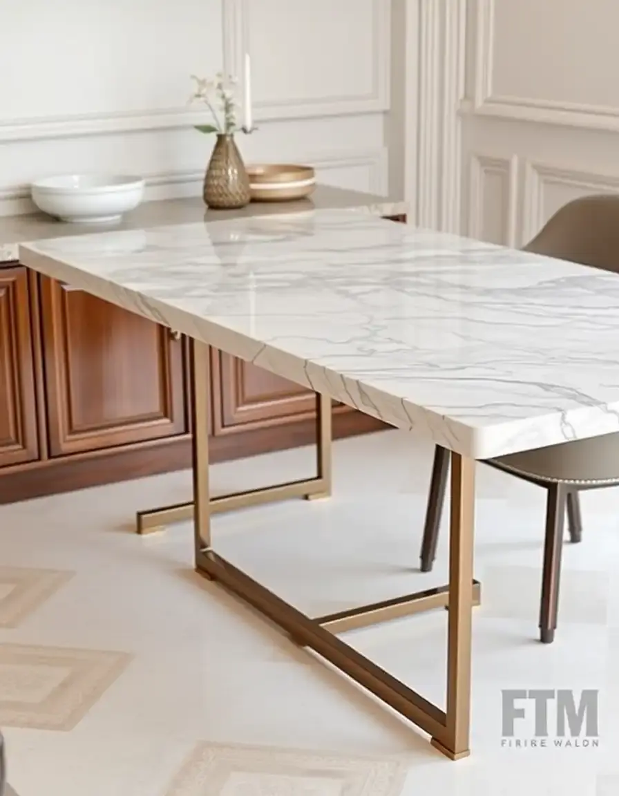 Elegant marble top kitchen furniture table with metal base