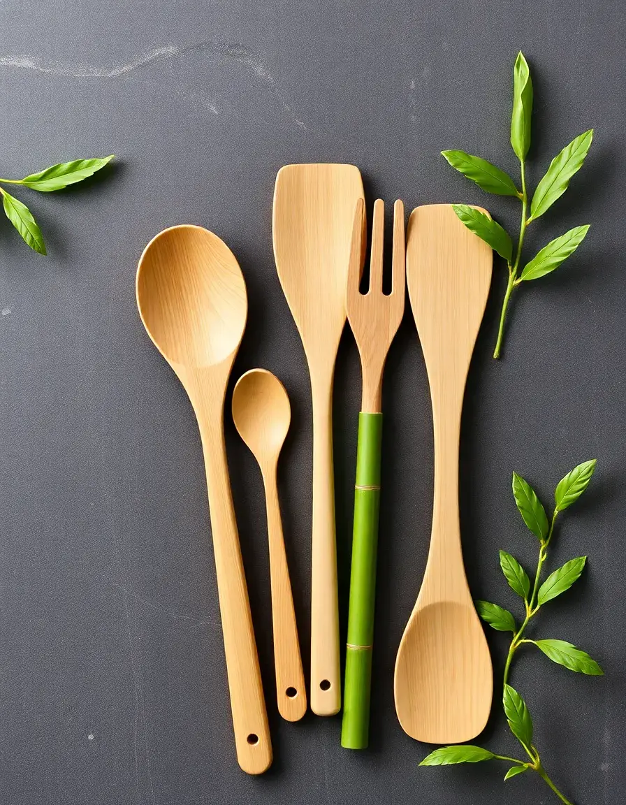 Natural bamboo utensil set including spoons and spatulas