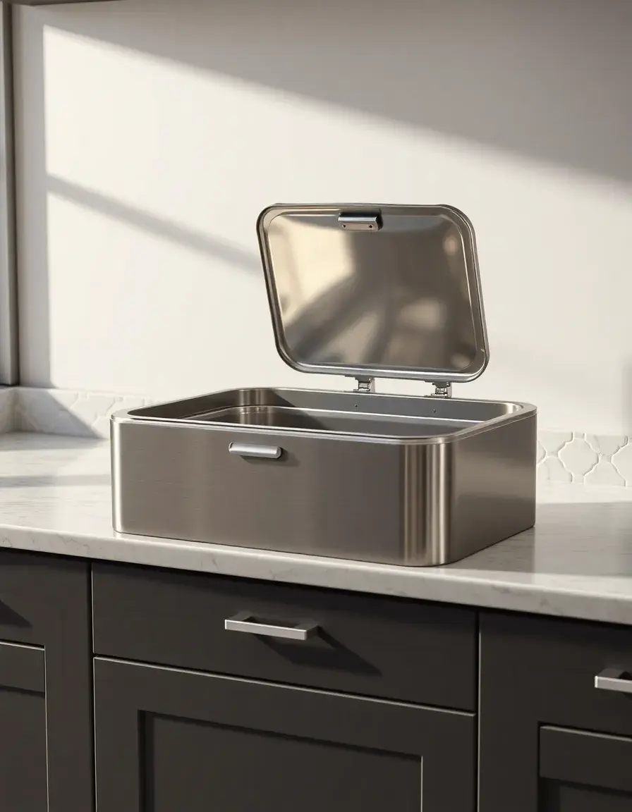 Sleek stainless steel countertop compost bin with odor filter