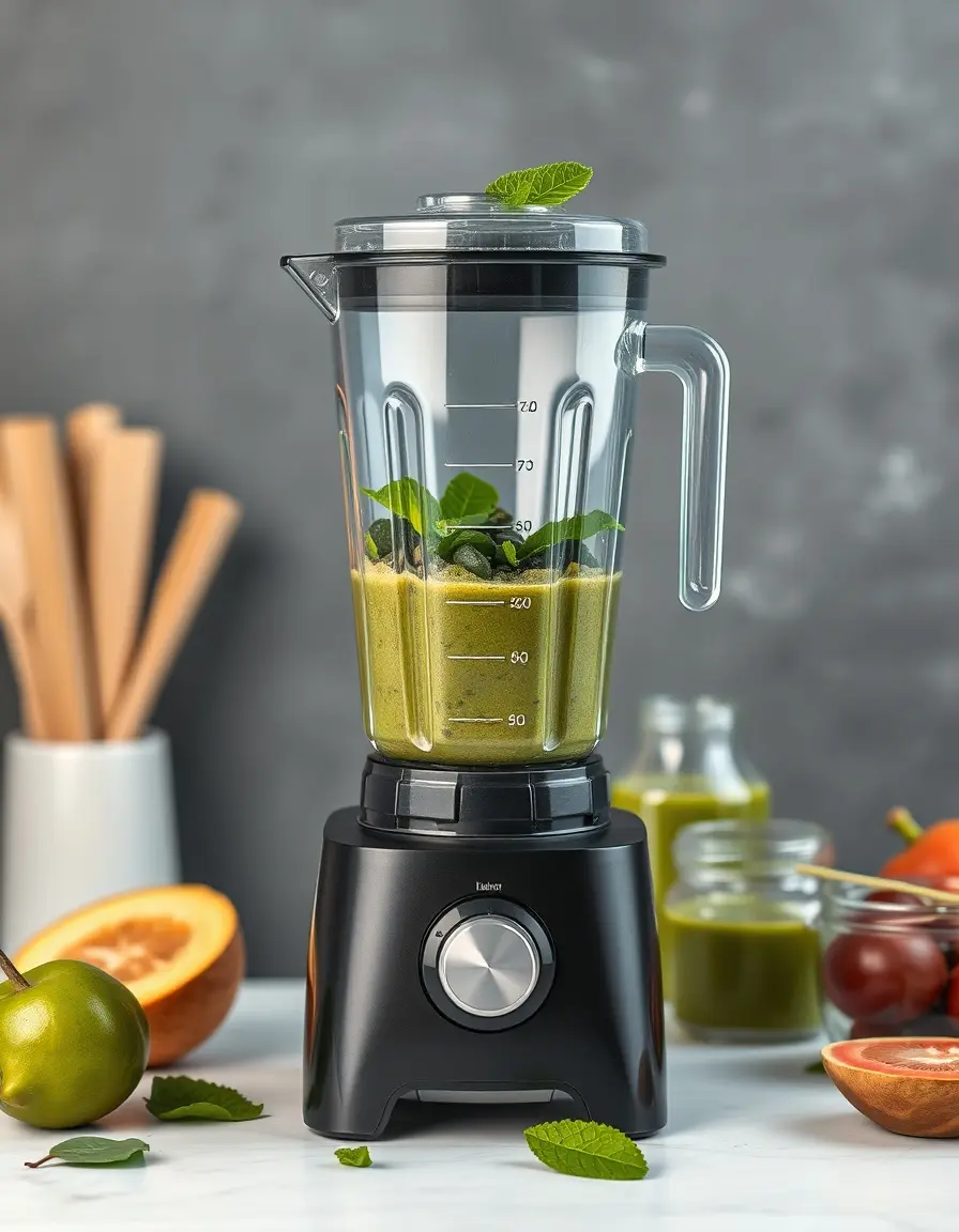 Sleek energy-efficient blender making a green smoothie