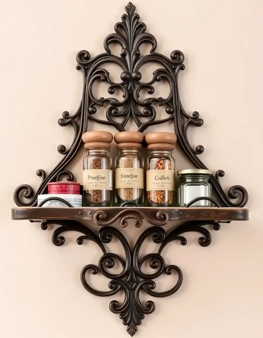 Ornate shelf bracket holding spices and jars