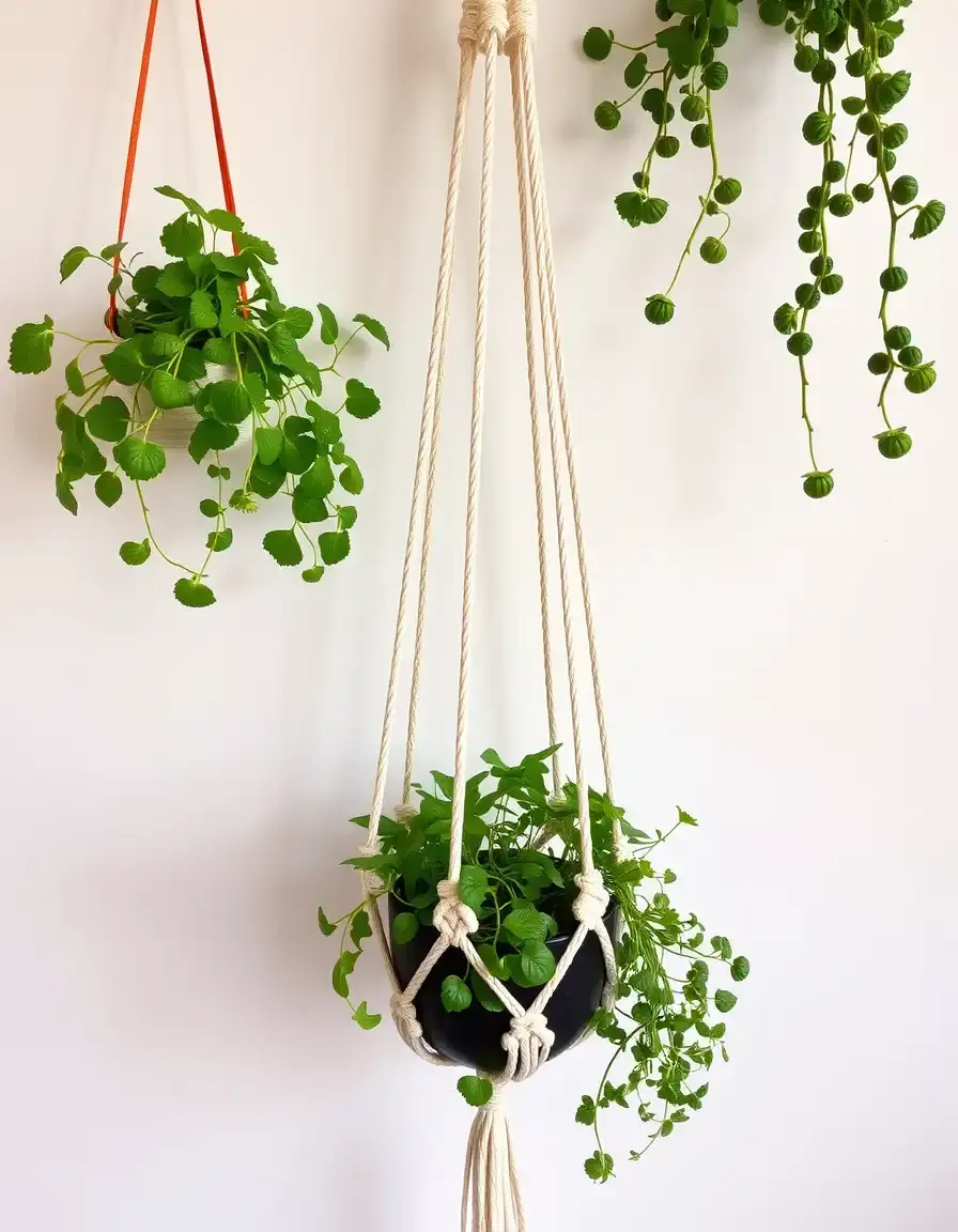 Macrame hanging plant holder with fresh herbs