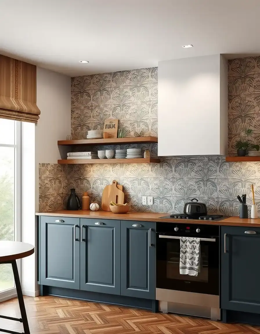 Patterned wallpaper accent wall in a kitchen