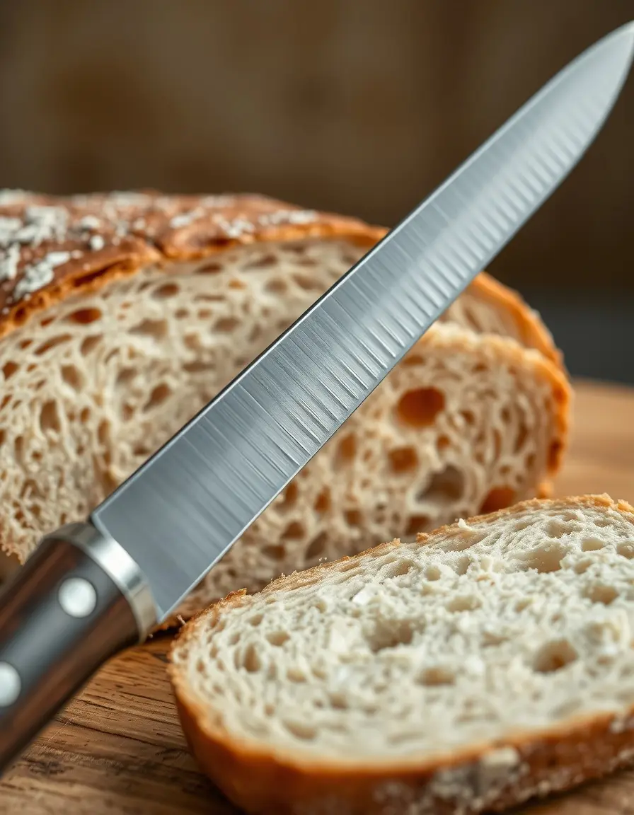 Photorealistic picture of long serrated bread knife, slicing loaf, no crush