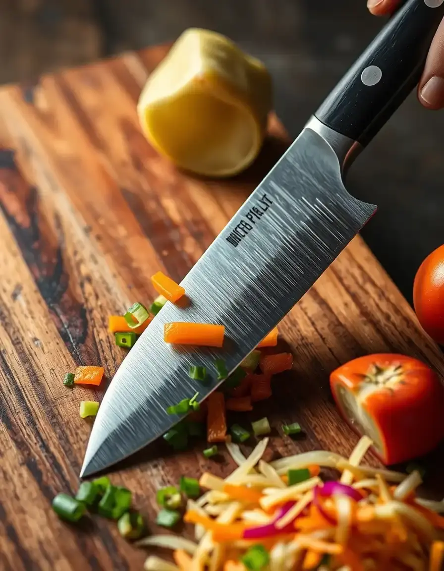 Vivid photo of Japanese santoku knife hollow edge, chopping veggies