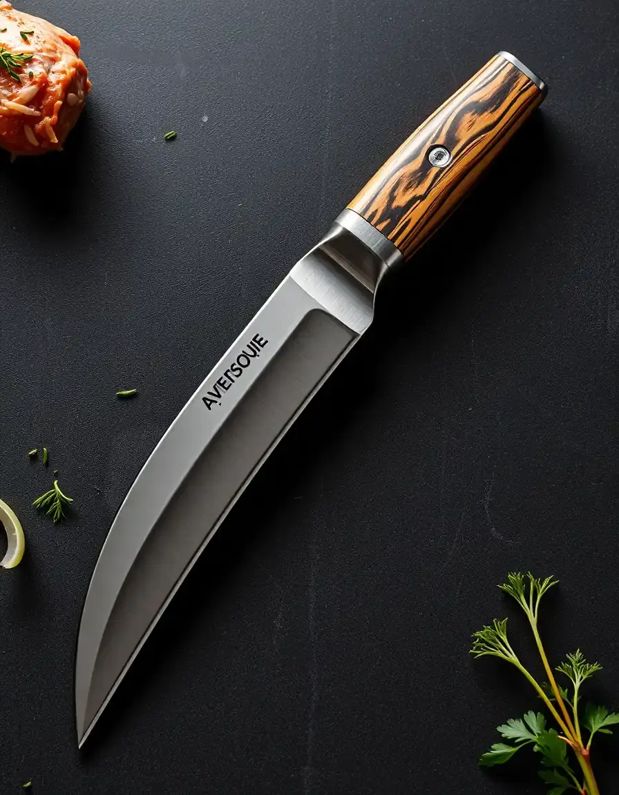 High-quality image of flexible boning knife, deboning meat, curved blade