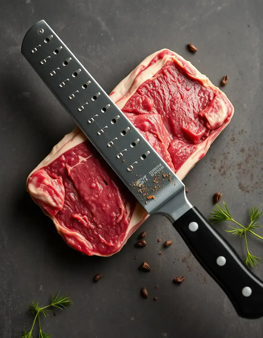Detailed photograph of heavy meat cleaver, chopping bones, sturdy