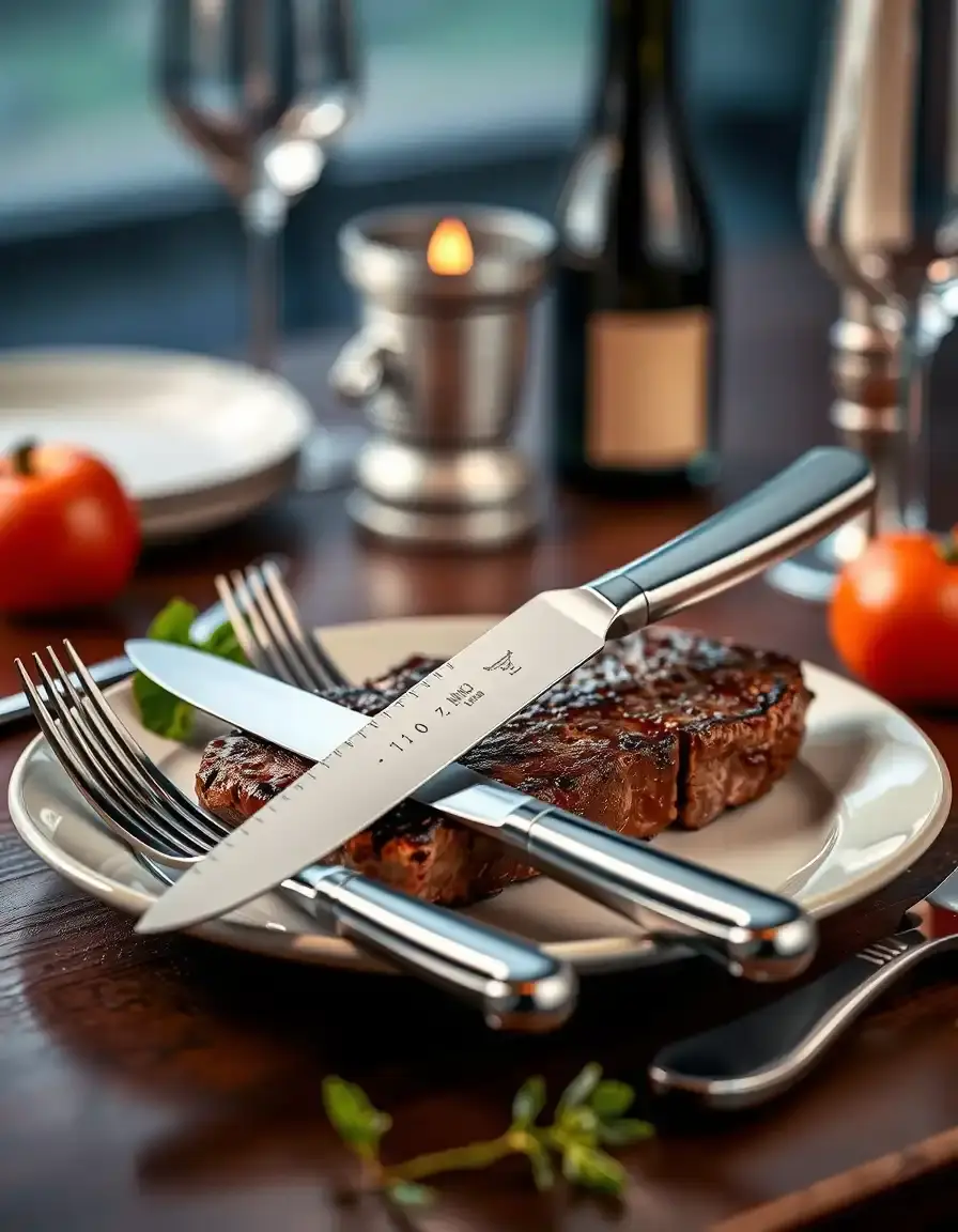 Photorealistic image of serrated steak knife set, table setting, 6 pieces