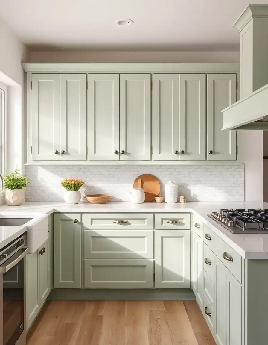 Soft sage green shaker kitchen cabinets in natural light