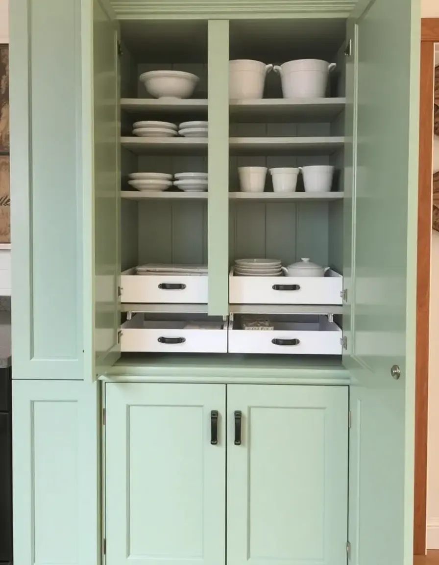 Tall sage green pantry cabinet with pull-out drawers