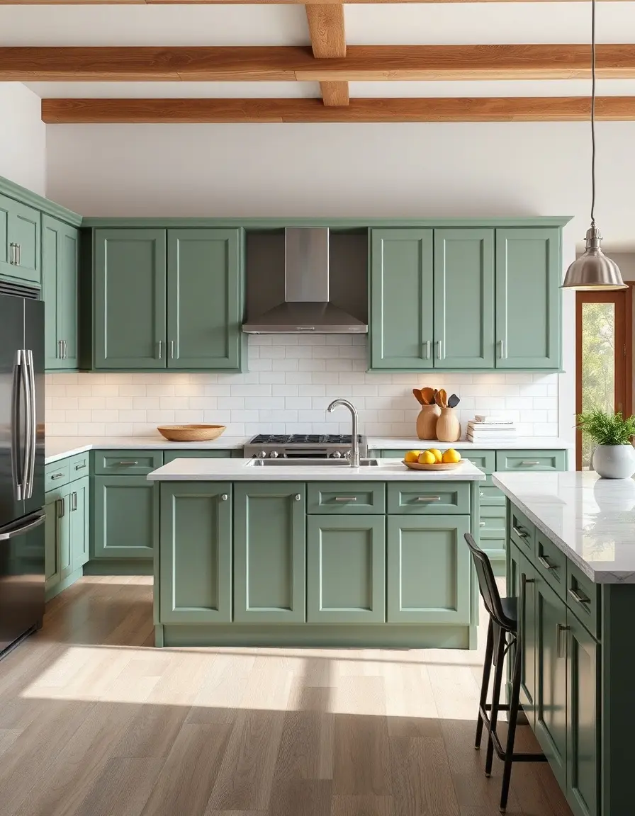 Sage green kitchen island with contrasting wood top