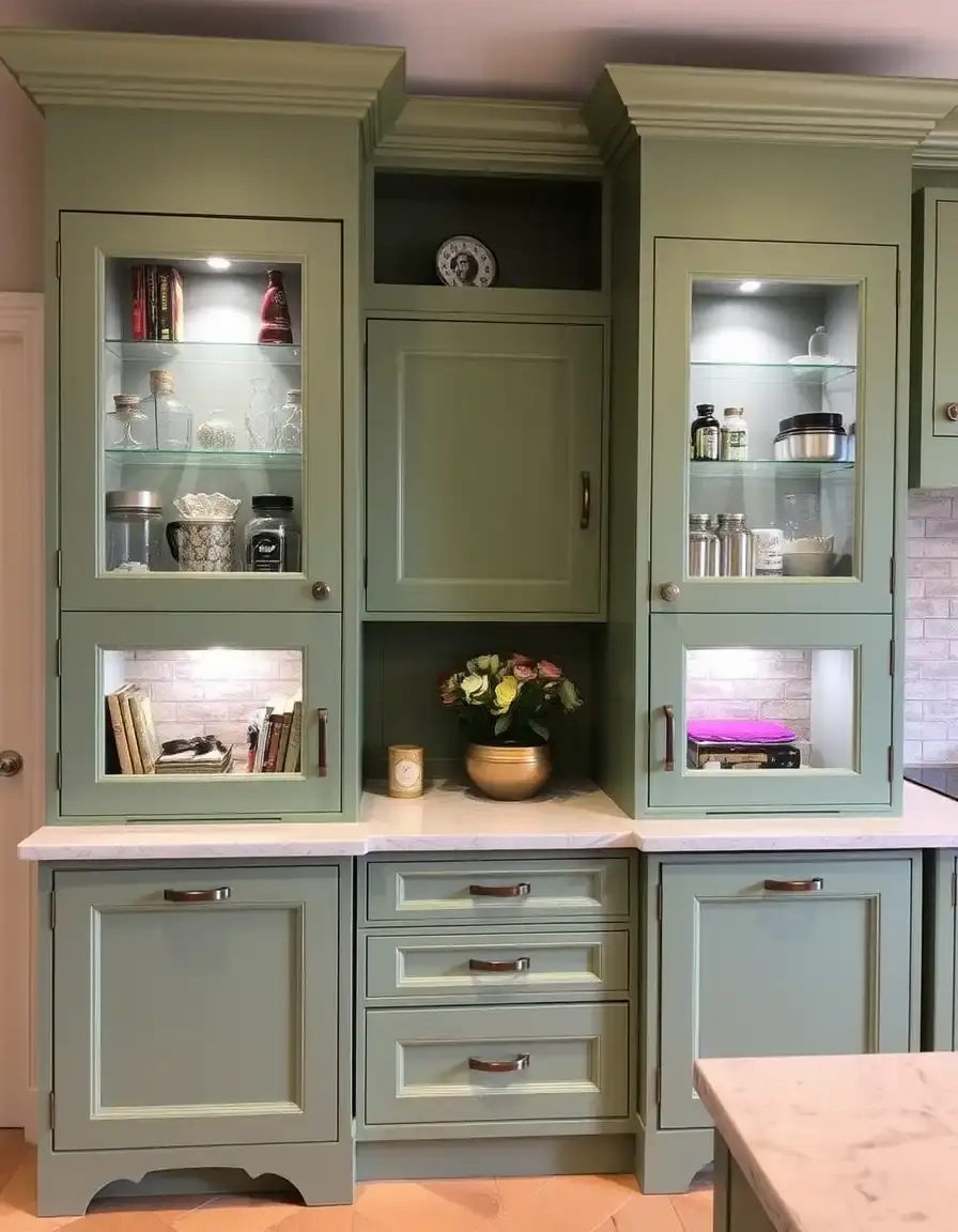 Sage green upper wall cabinets with glass inserts