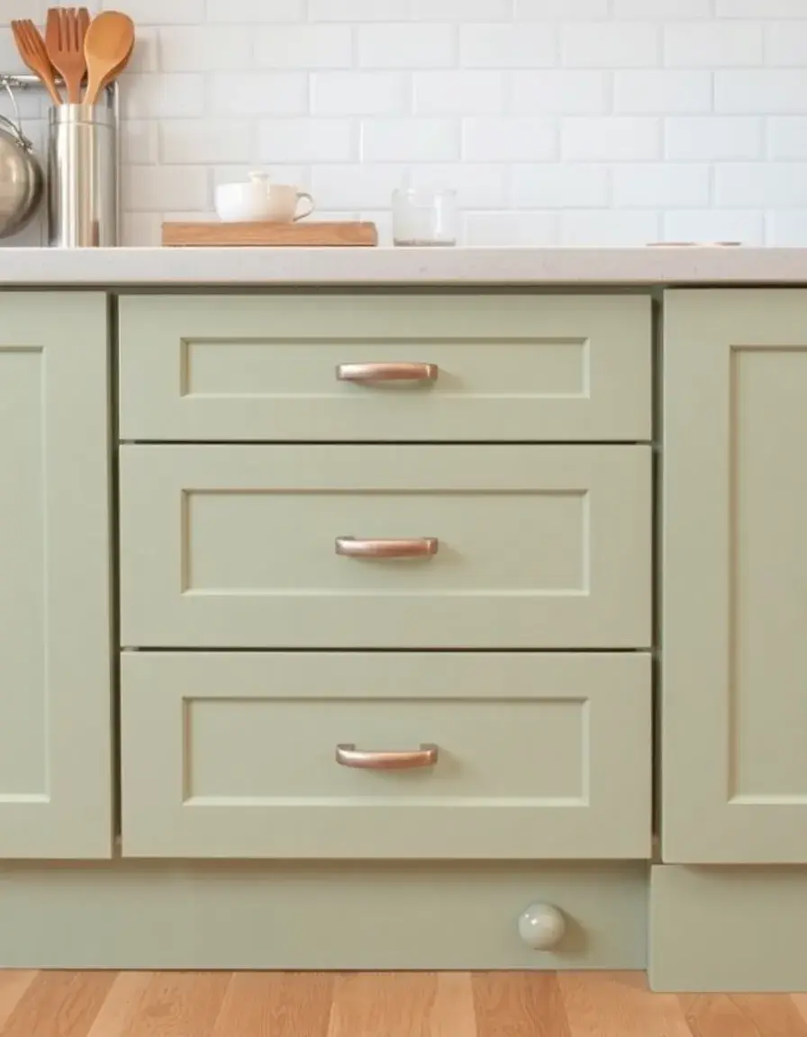 Sage green base kitchen drawers with soft-close mechanism