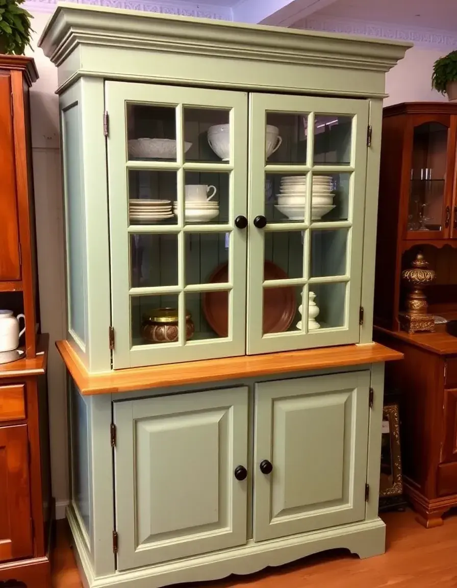 Freestanding sage green kitchen hutch for display