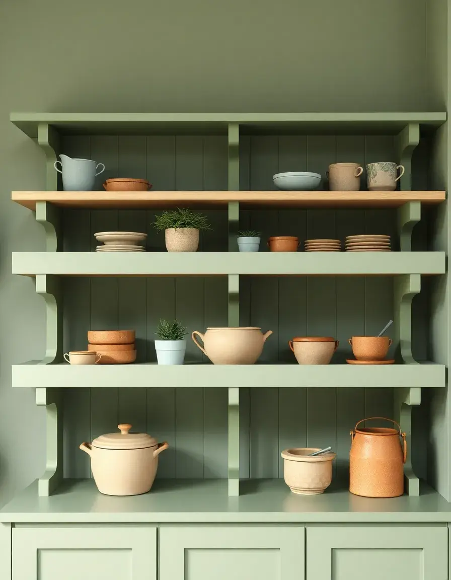 Sage green open shelving with kitchenware display