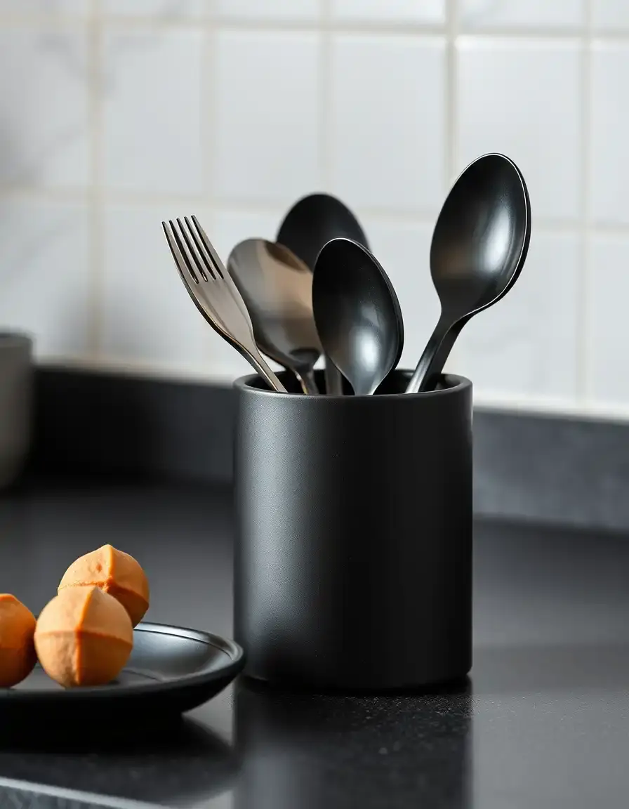 Black matte utensil holder on a dark counter