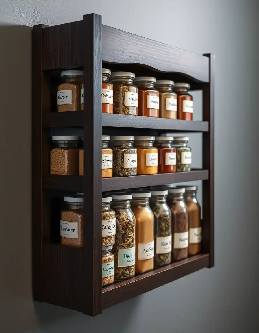 Ebony wood spice rack with labeled jars