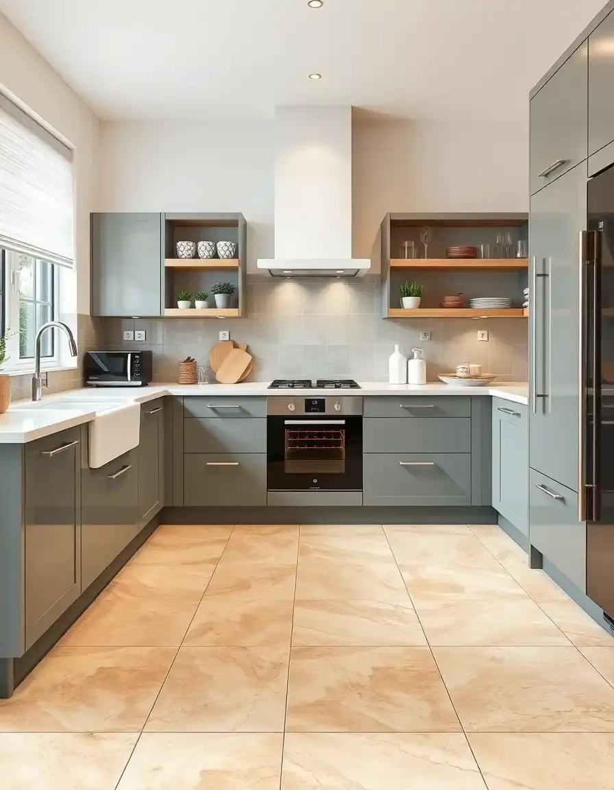 Glossy beige Ceramic Kitchen Floor Tiles 12x12 in a modern kitchen