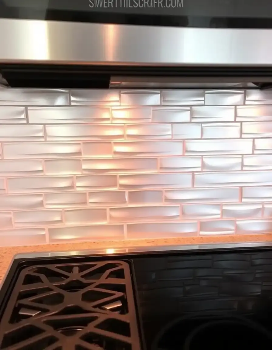 Metallic peel and stick kitchen tiles being applied as a DIY project