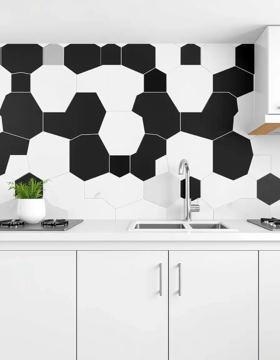 Black and white hexagon kitchen tiles set in a geometric pattern