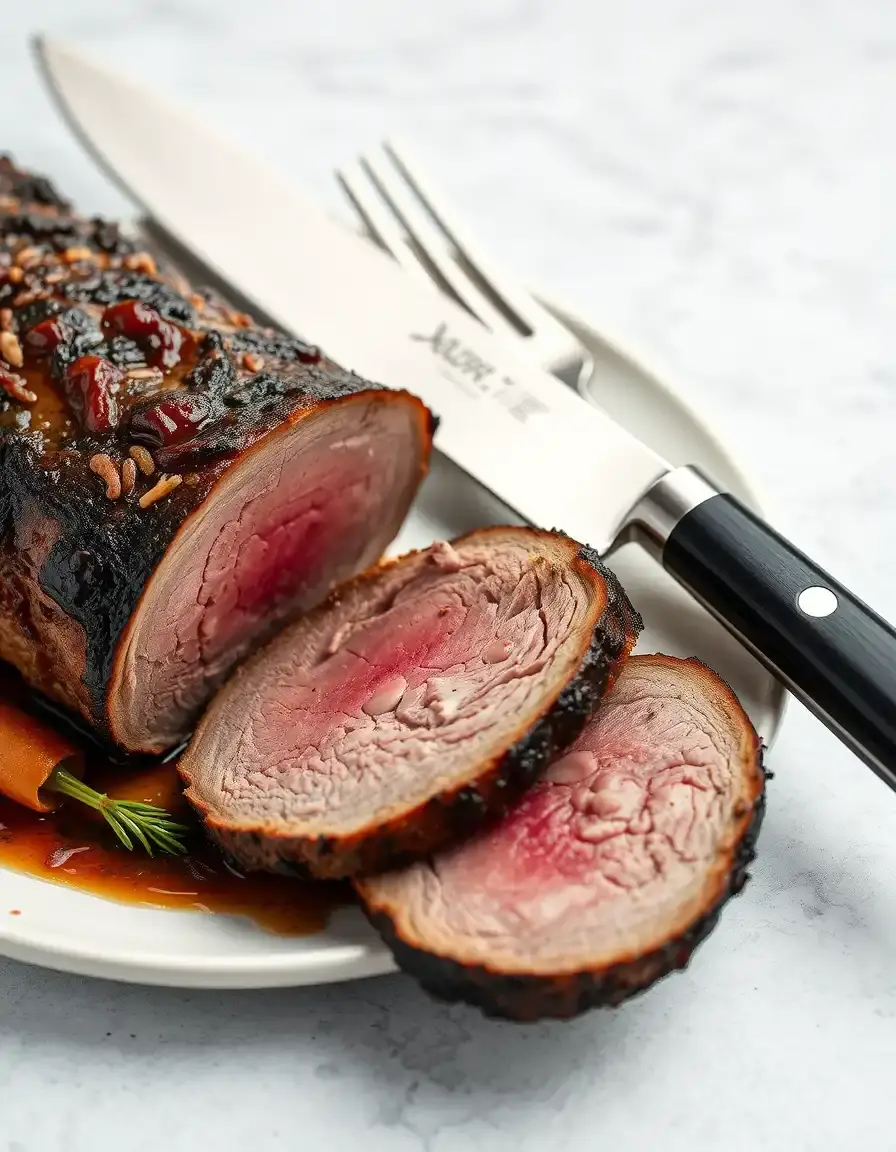 Long carving knife slicing a roast