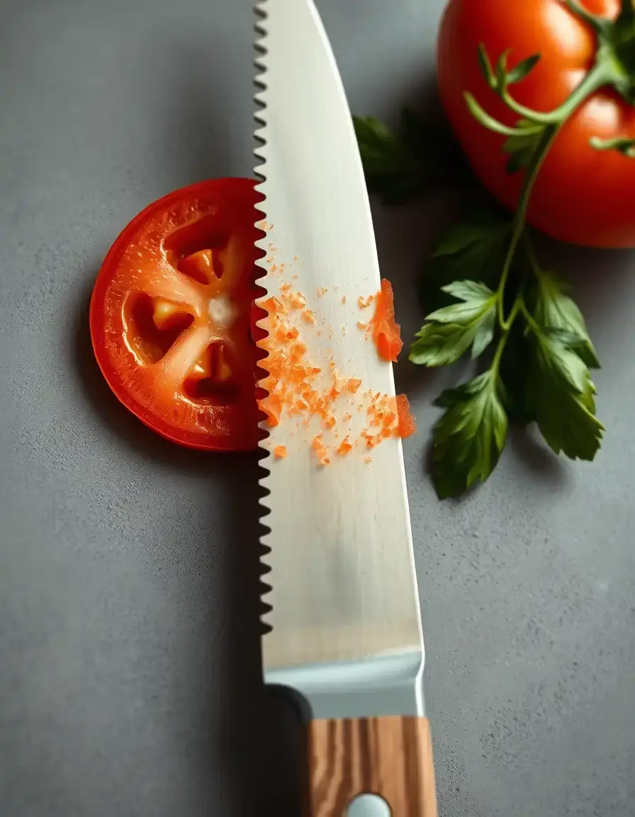 Serrated tomato knife slicing a ripe tomato