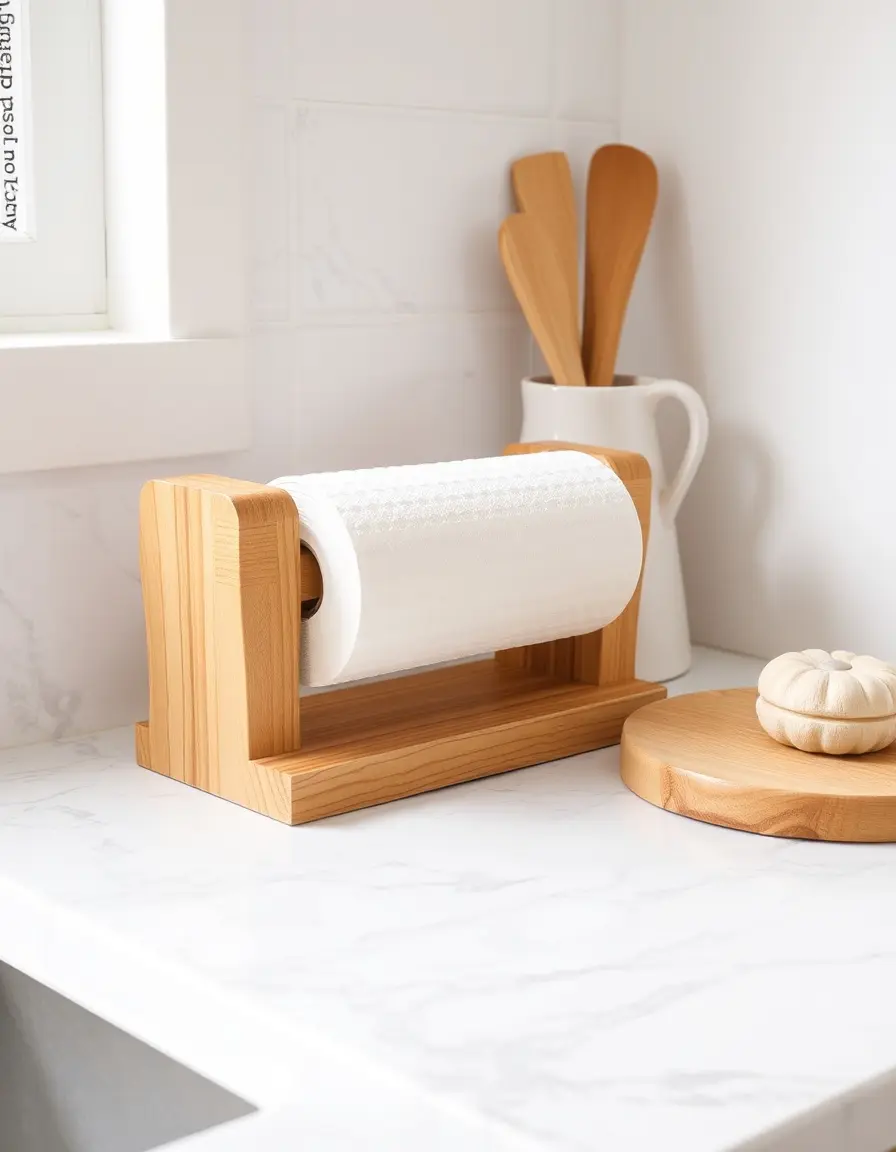 Wooden countertop kitchen roll holder in natural finish