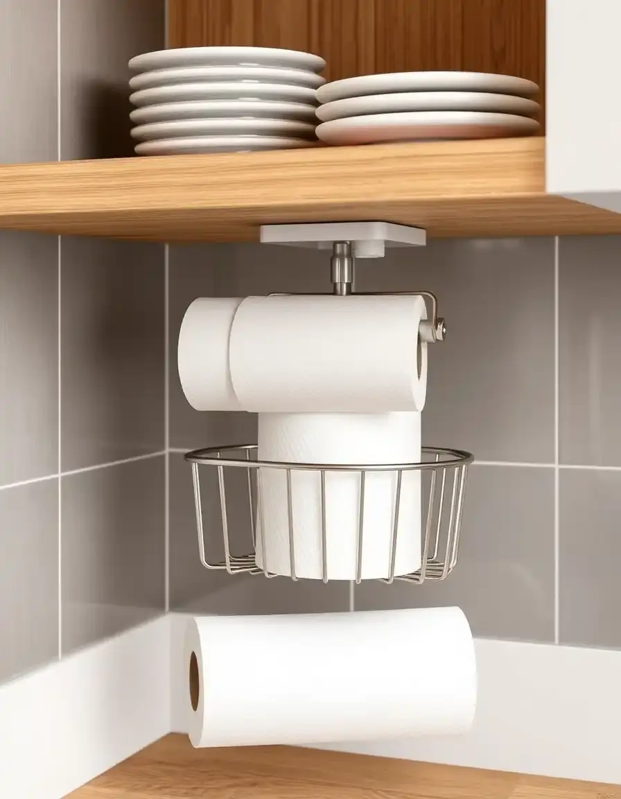 Clip on under shelf kitchen roll holder for space saving