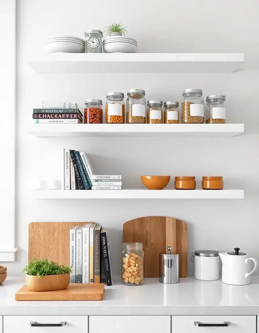 White floating wall kitchen shelves with books and jars