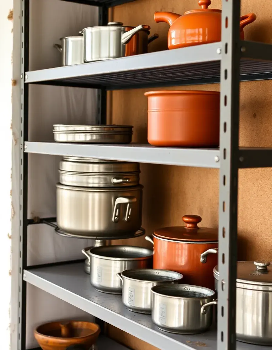 Industrial open shelving unit metal with pots