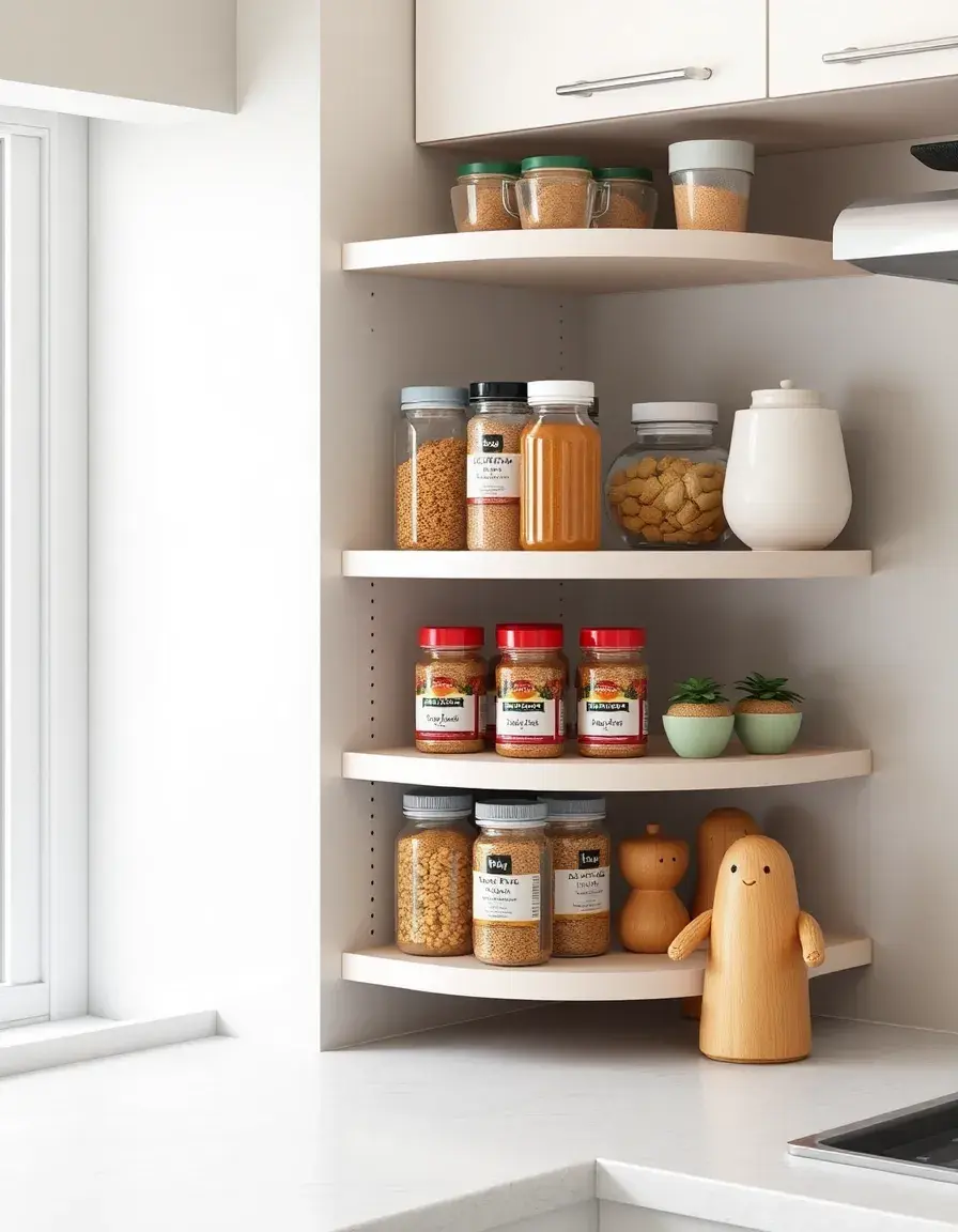Space saving corner kitchen shelf tiered for spices