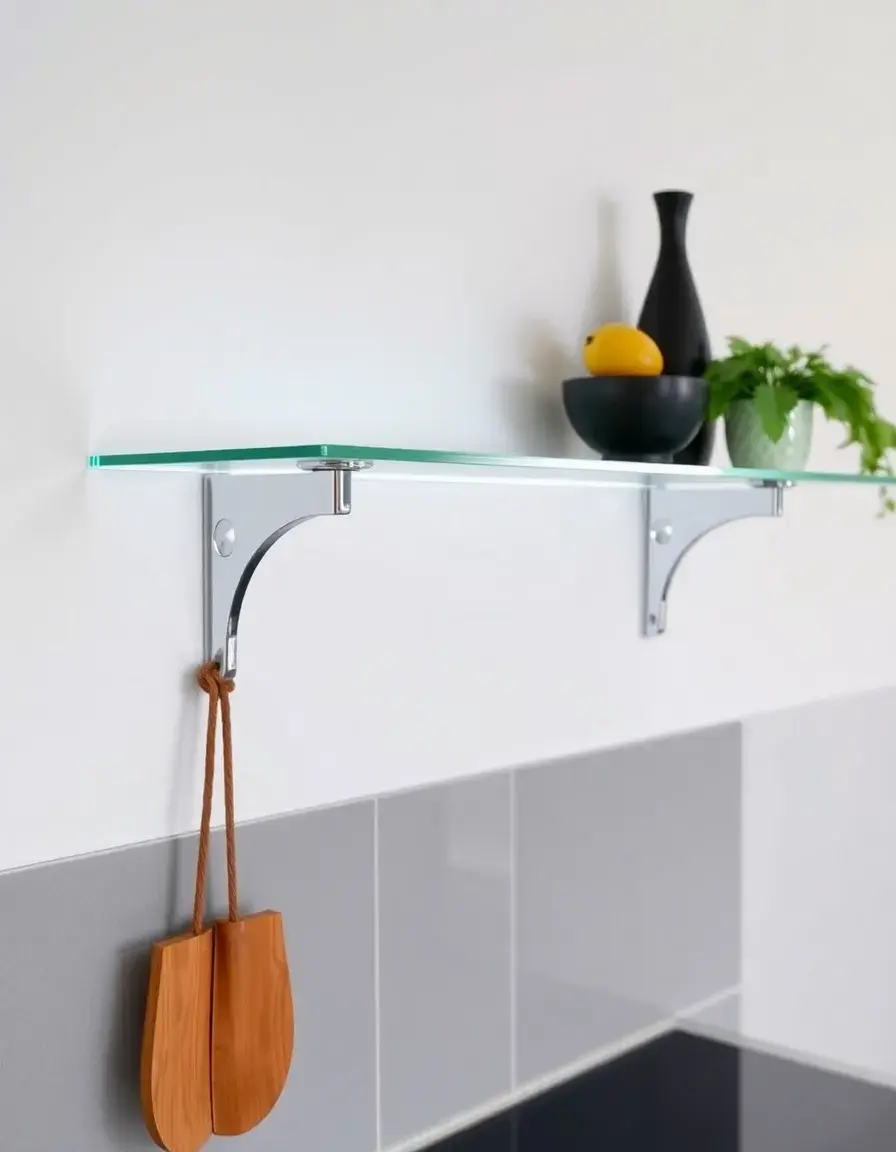 Tempered glass shelf kitchen wall with chrome brackets