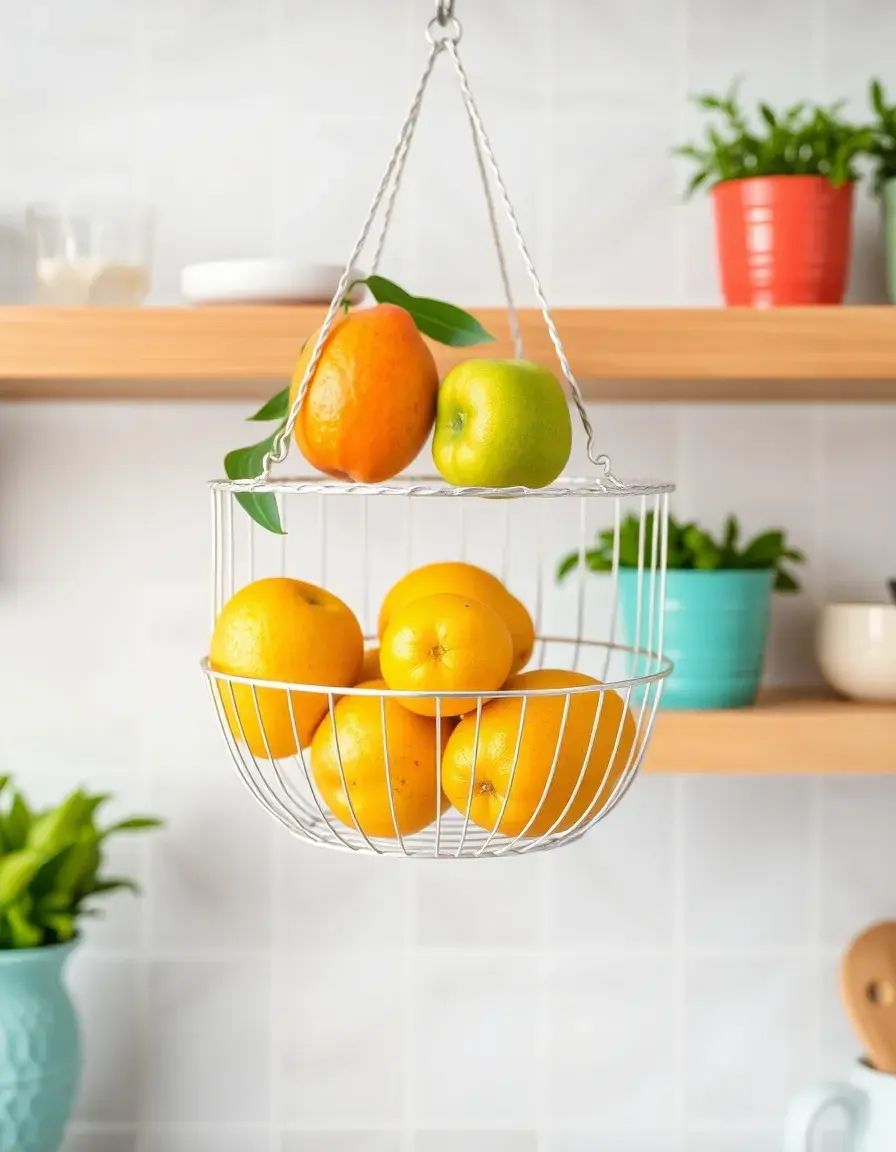 Hanging wire basket kitchen shelf with fruits