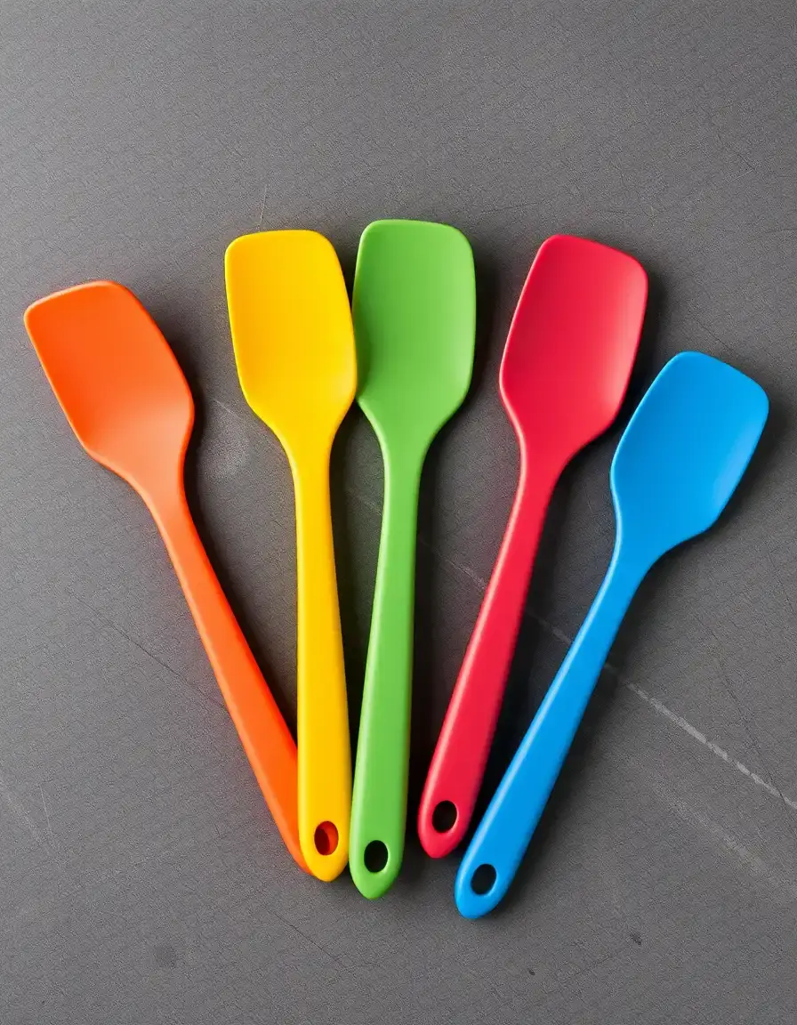 Heat resistant colorful silicone spatula set on a counter